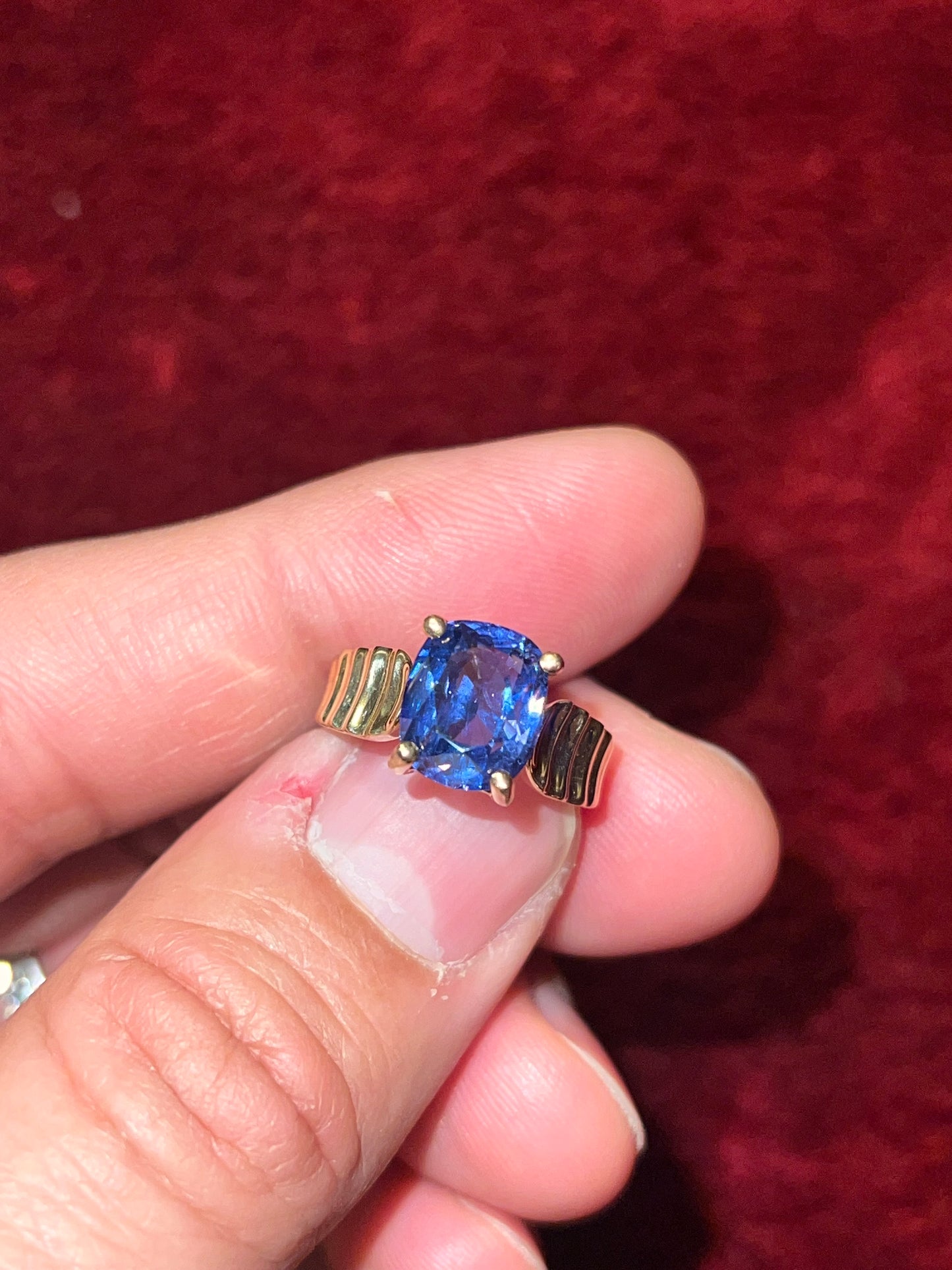 GIA certified 4.3 carat Color Changing Cobalt Spinel Ring set in 14k Yellow Gold