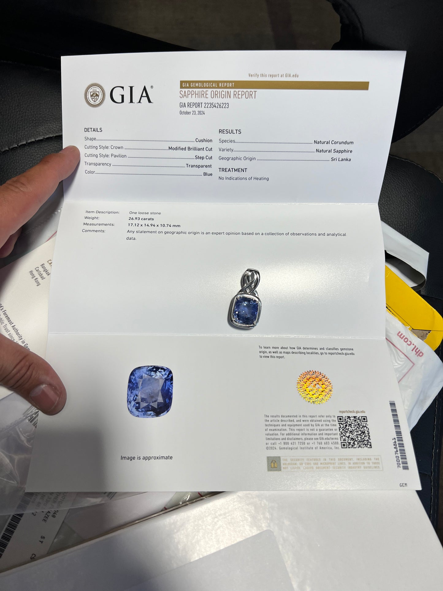 GIA Origin Report Certified 26.9 carat Blue Ceylon Sapphire Platinum Pendant 14k Gold necklace