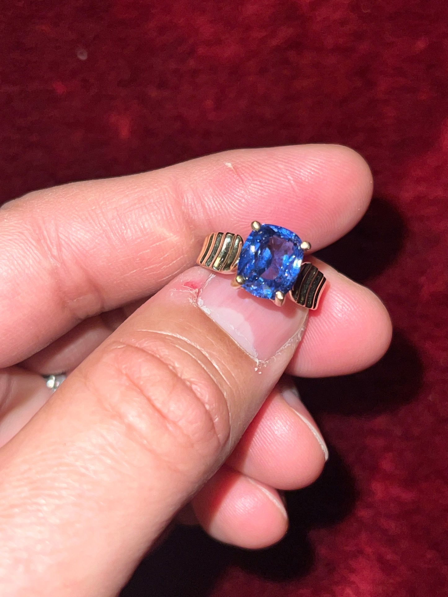 GIA certified 4.3 carat Color Changing Cobalt Spinel Ring set in 14k Yellow Gold