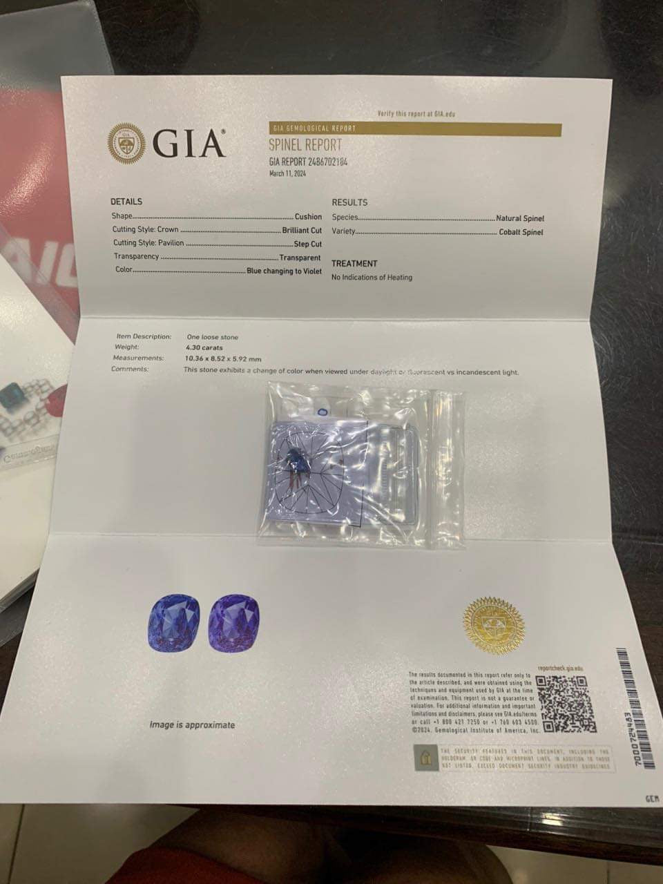 GIA certified 4.3 carat Color Changing Cobalt Spinel Ring set in 14k Yellow Gold
